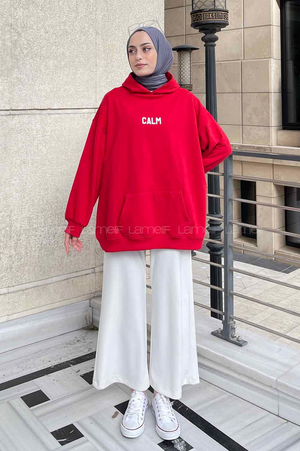 Lamelif Calm Baskı Detaylı Sweatshirt Kırmızı
