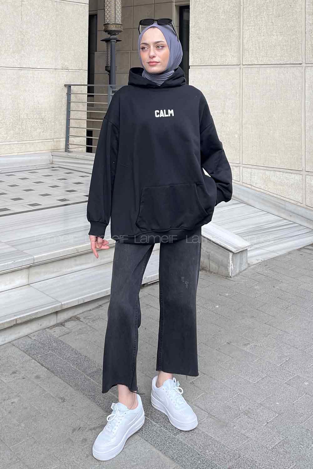 Lamelif Calm Baskı Detaylı Sweatshirt Siyah