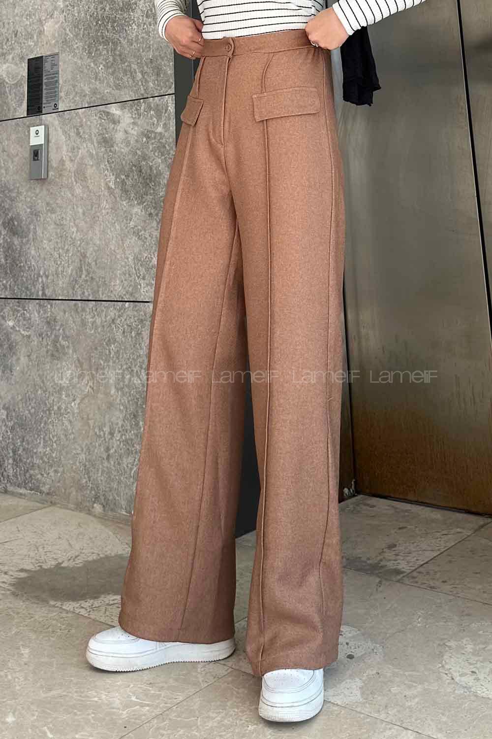 Camel Wool Cotton Normal Waist Linen Pants
