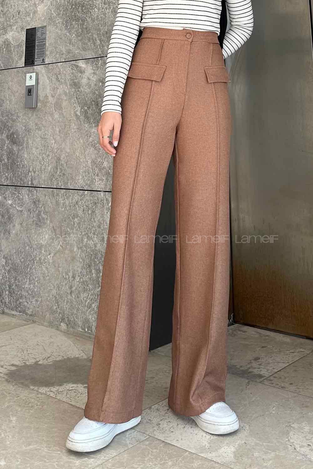 Camel Wool Cotton Normal Waist Linen Pants