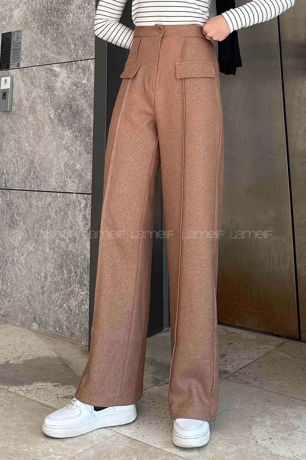 Camel Wool Cotton Normal Waist Linen Pants