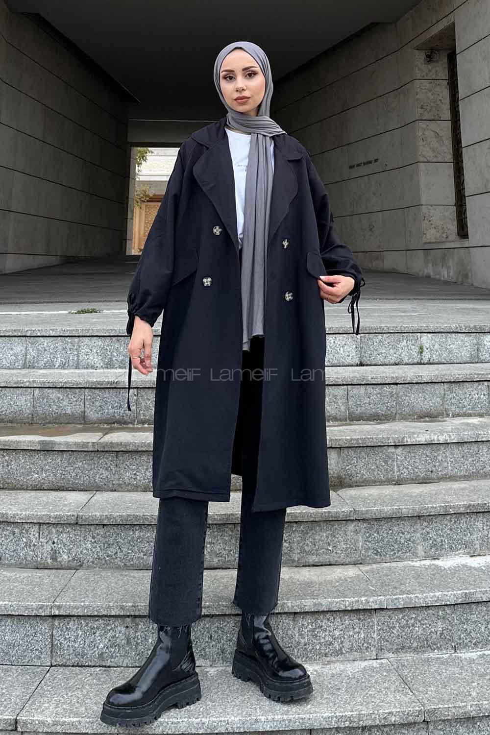 Black Bat Sleeve Arm Without Accessories Cotton Trench Coat