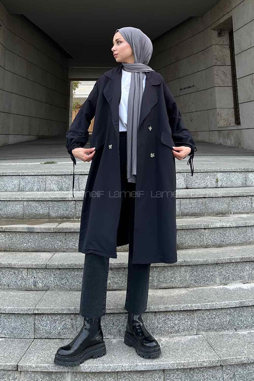 Black Bat Sleeve Arm Without Accessories Cotton Trench Coat
