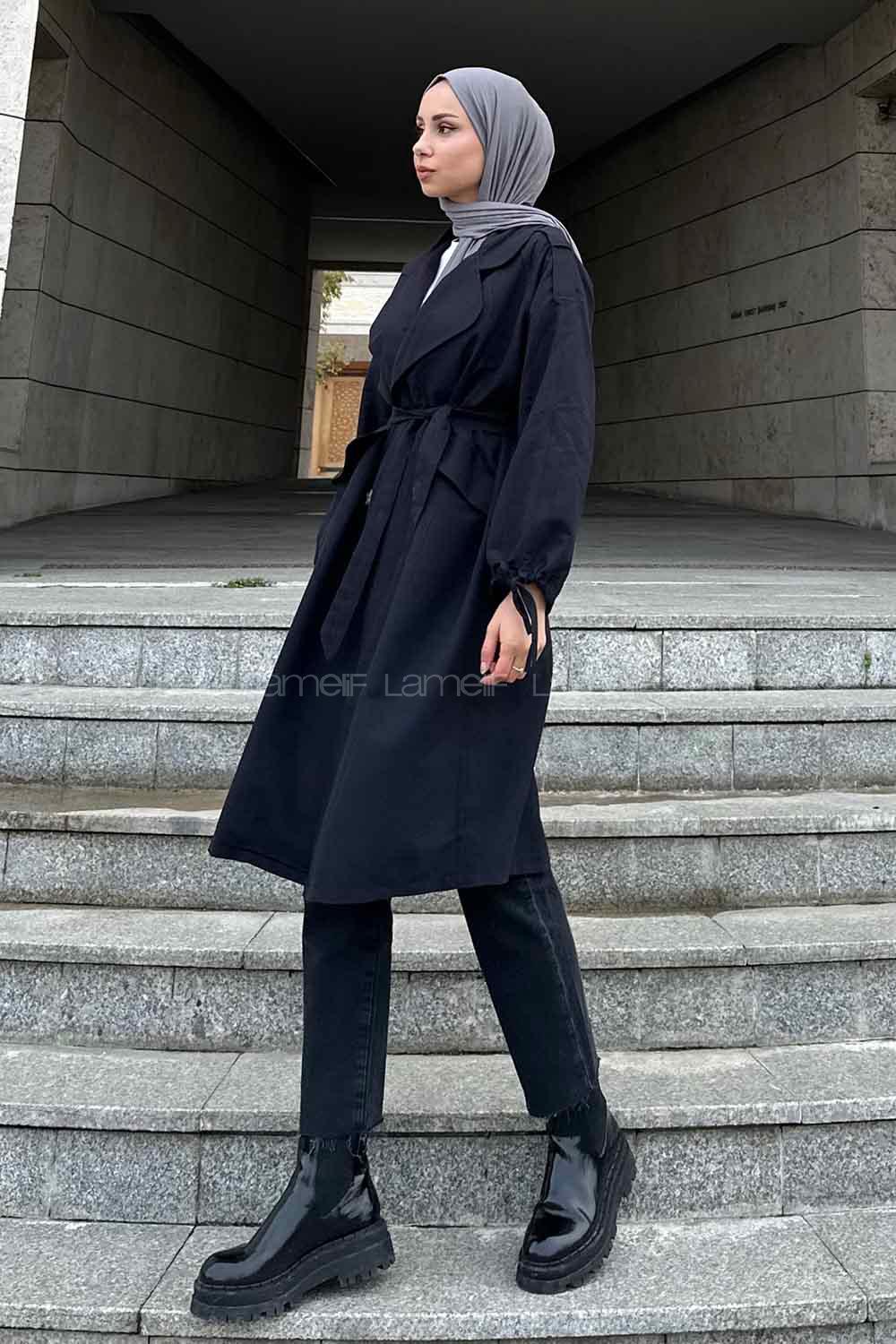 Black Bat Sleeve Arm Without Accessories Cotton Trench Coat