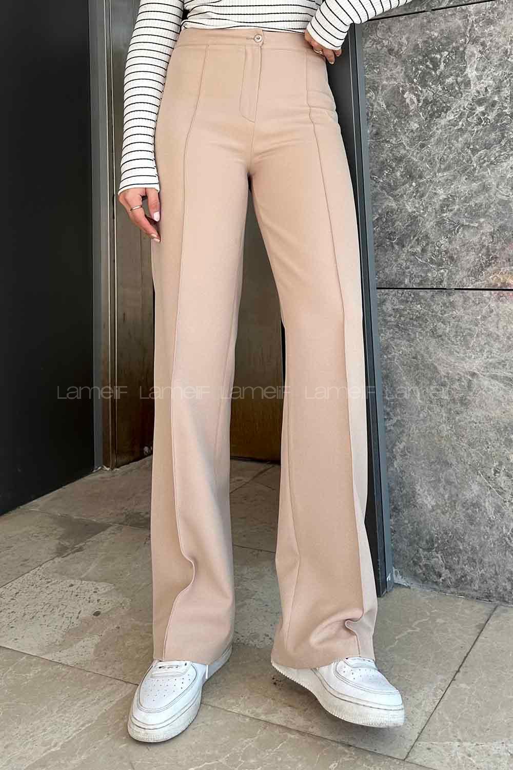 Lamelif Çımalı Bol Paça Pantolon Sütlükahve