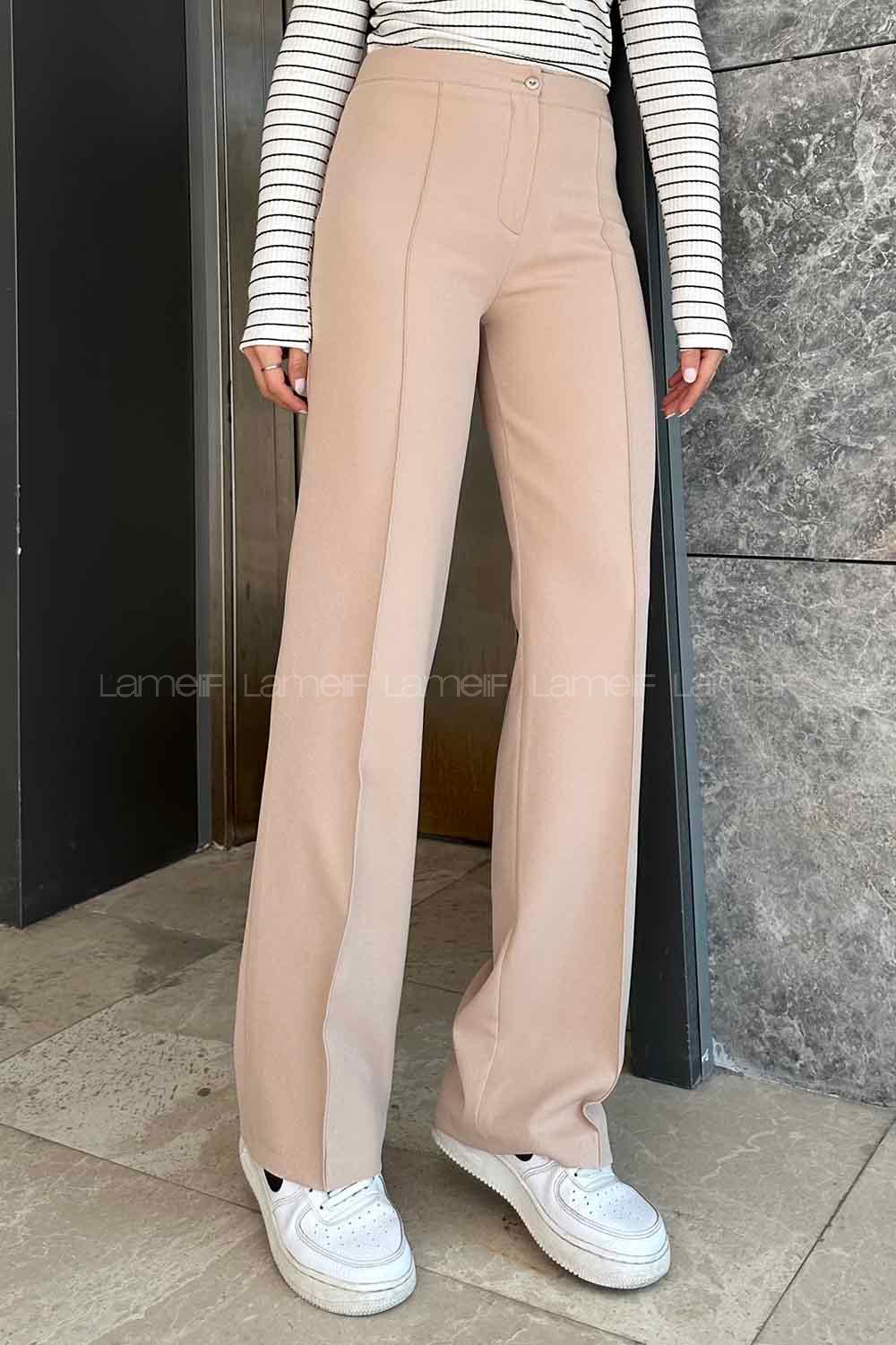 Lamelif Çımalı Bol Paça Pantolon Sütlükahve