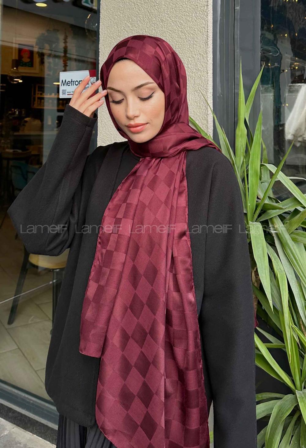 Lamelif Dama Desen Jakar Şal Koyu Bordo