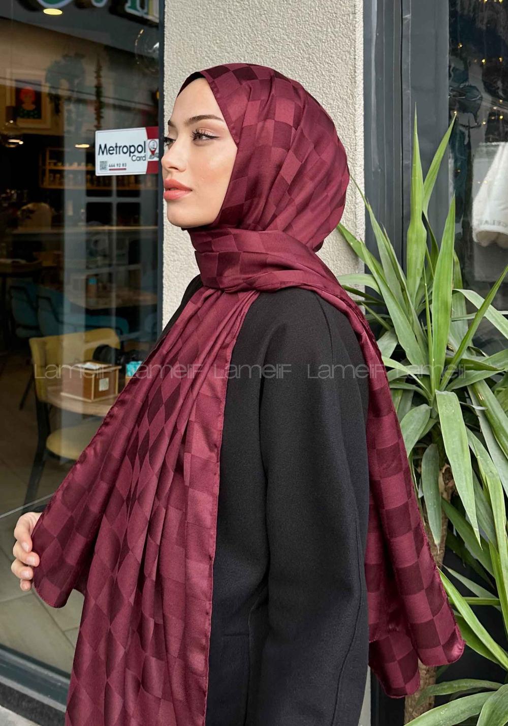 Lamelif Dama Desen Jakar Şal Koyu Bordo