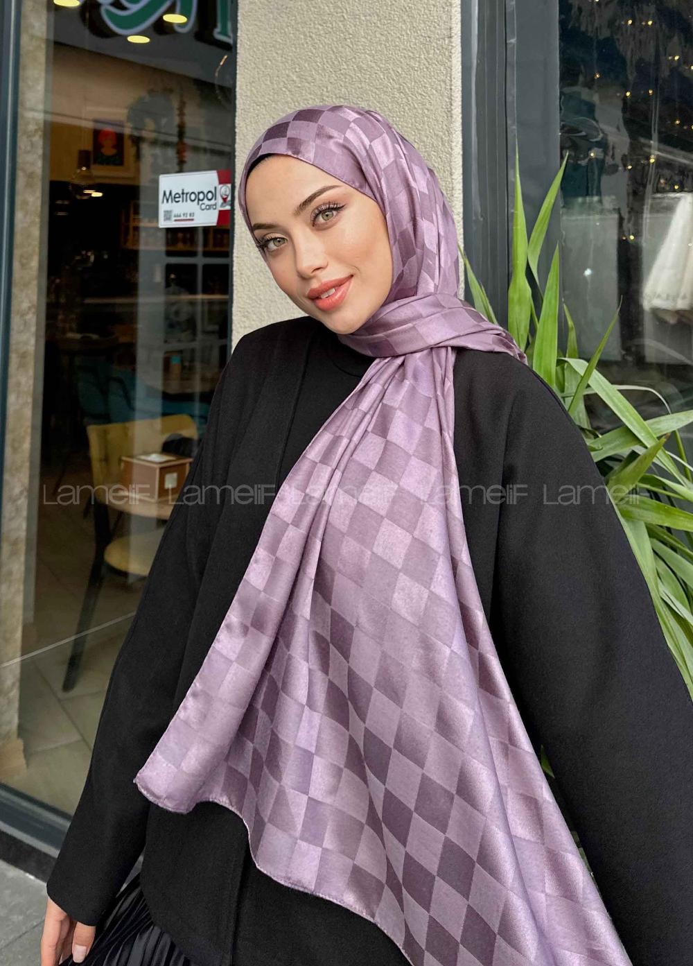 Lamelif Dama Desen Jakar Şal Leylak