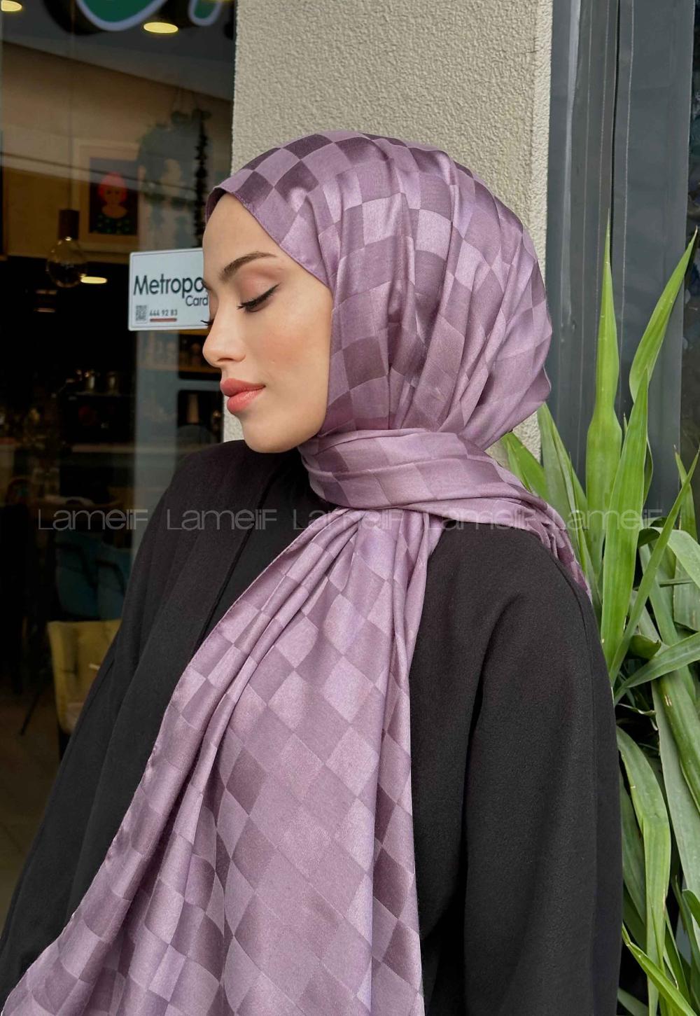 Lamelif Dama Desen Jakar Şal Leylak