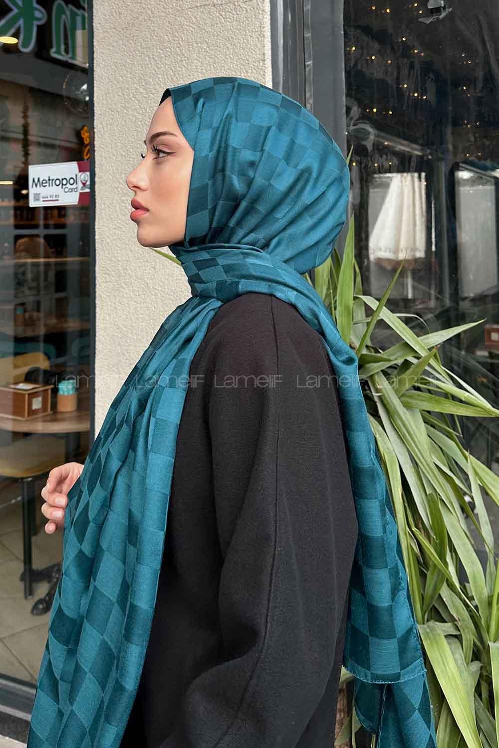 Lamelif Dama Desen Jakar Şal Petrol Mavisi