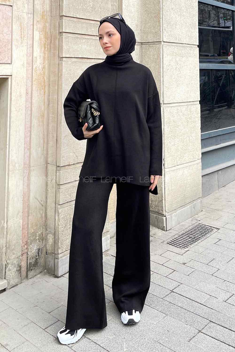 Black Choker Neck Long Arm Without Accessories Knitwear Regular Trousers Comfortable Suit