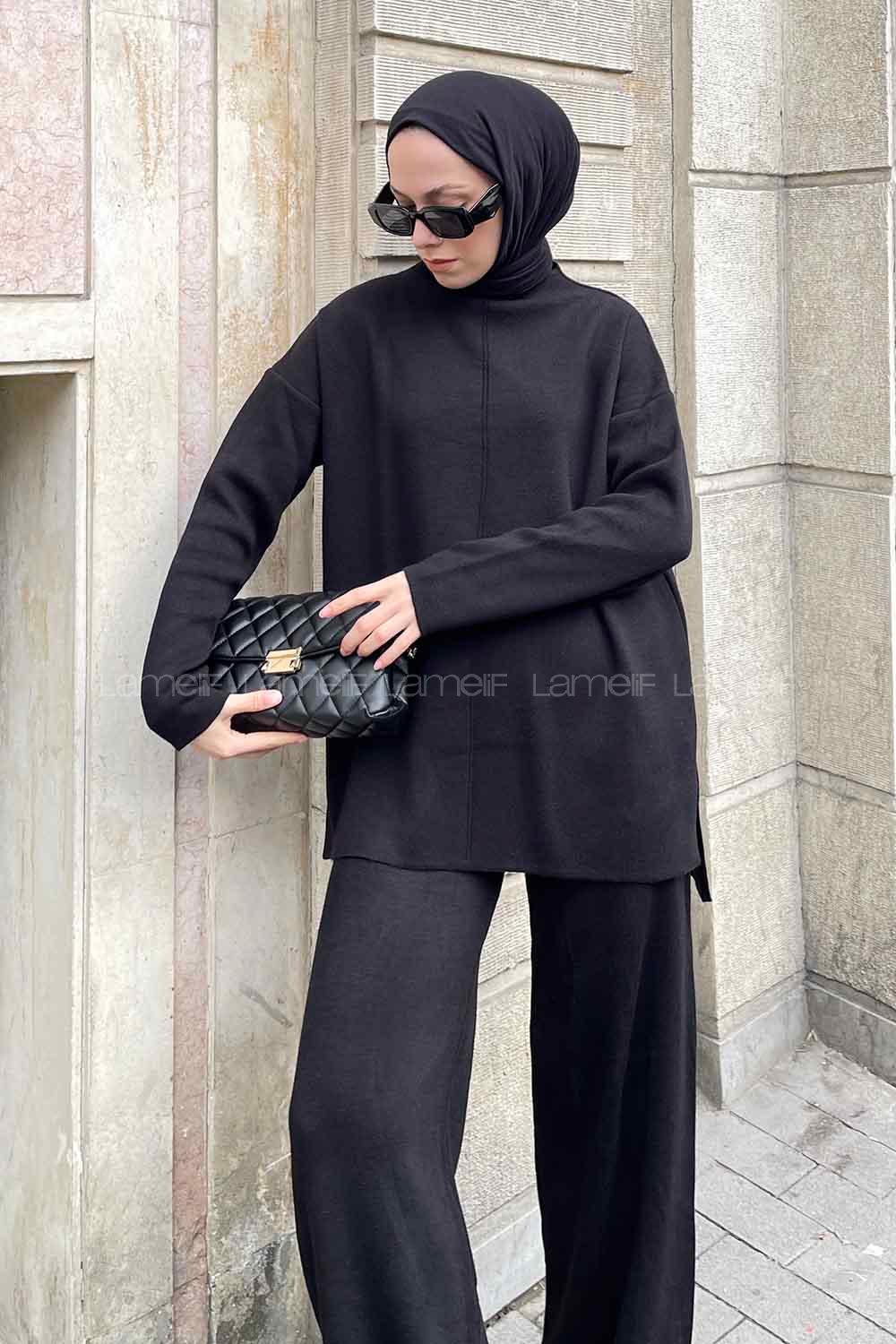 Black Choker Neck Long Arm Without Accessories Knitwear Regular Trousers Comfortable Suit
