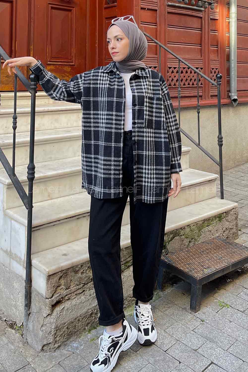 Modalamelif Ekose Desen Gömlek Gri Siyah