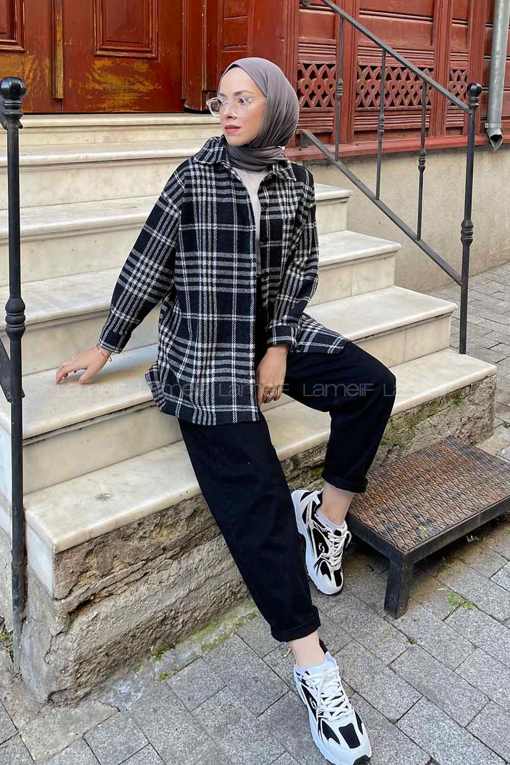 Modalamelif Ekose Desen Gömlek Gri Siyah