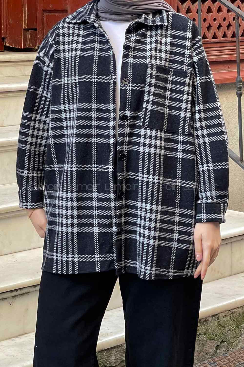 Modalamelif Ekose Desen Gömlek Gri Siyah