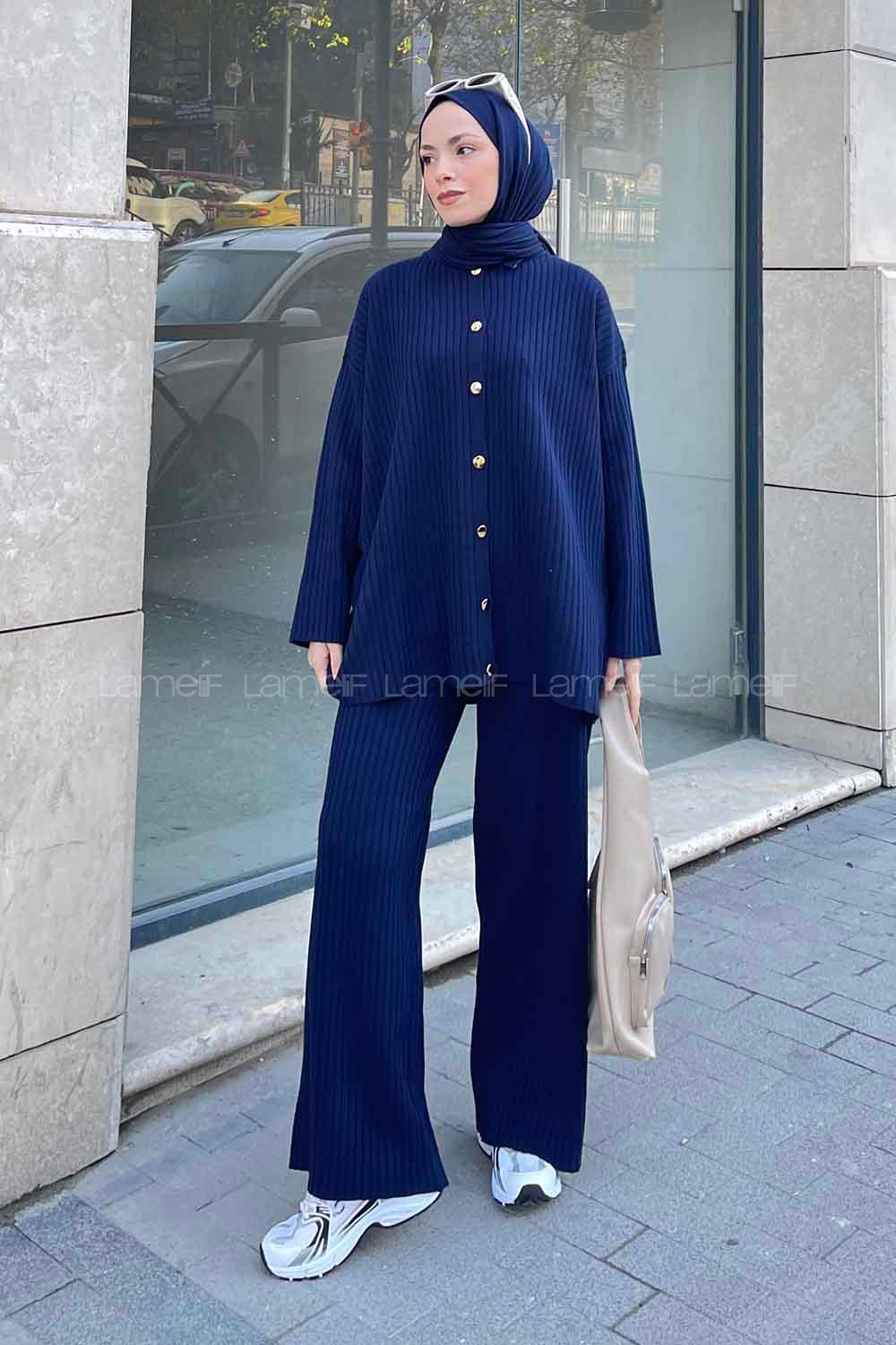 Navy Blue Shirt Collar Long Arm Knitwear Regular Trousers Comfortable Suit