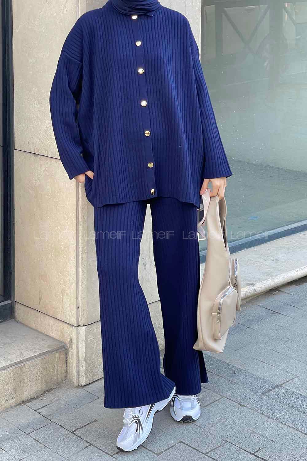 Navy Blue Shirt Collar Long Arm Knitwear Regular Trousers Comfortable Suit