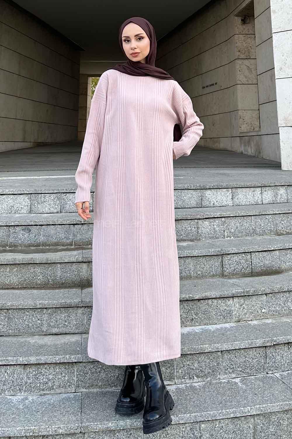 Lamelif Fitilli Triko Uzun Tesettür Elbise Pudra