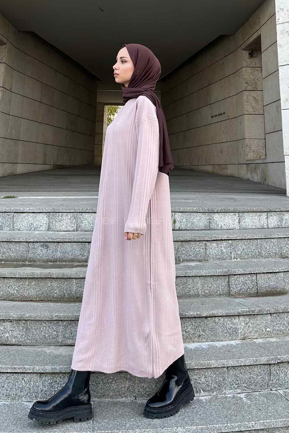 Lamelif Fitilli Triko Uzun Tesettür Elbise Pudra