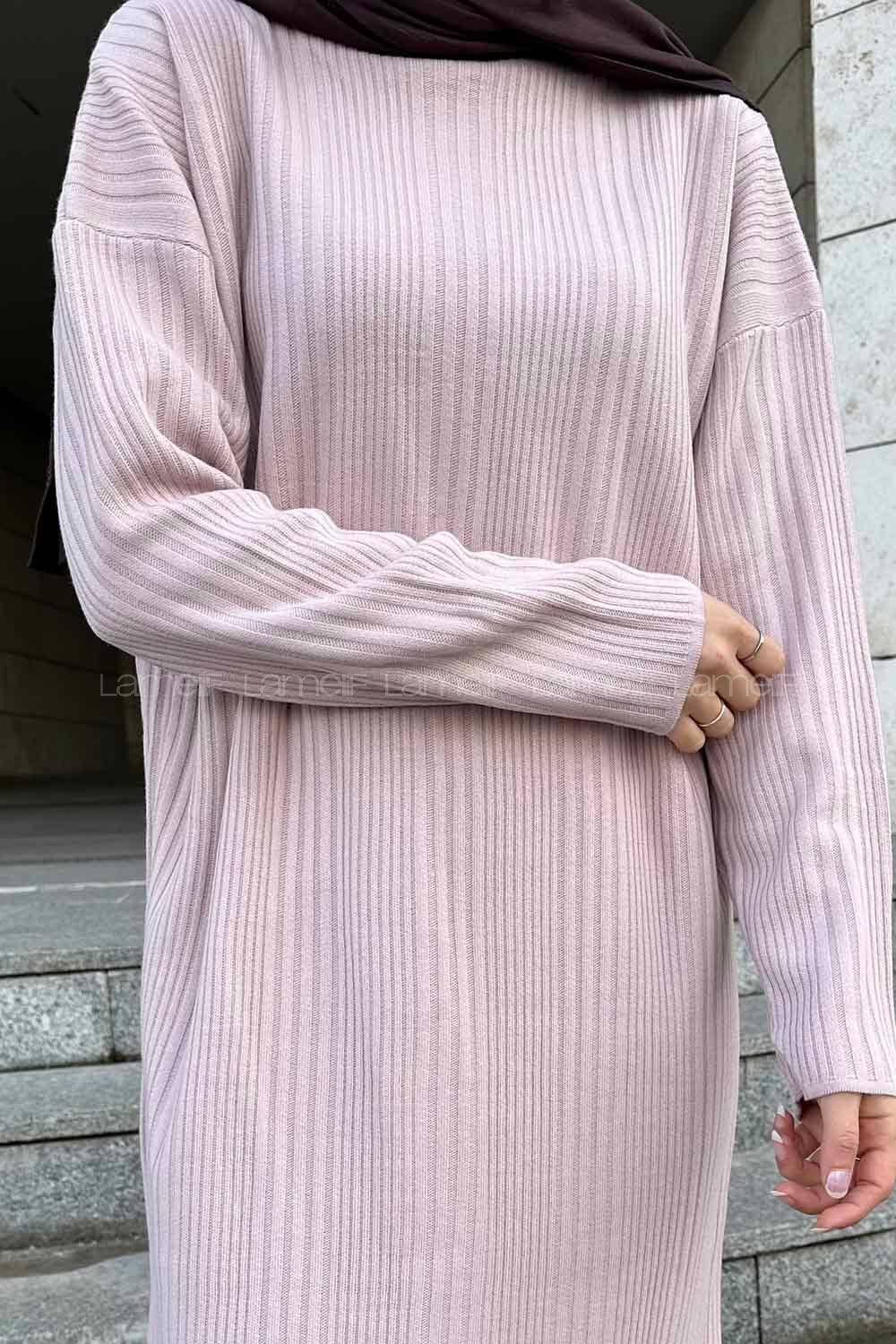 Lamelif Fitilli Triko Uzun Tesettür Elbise Pudra