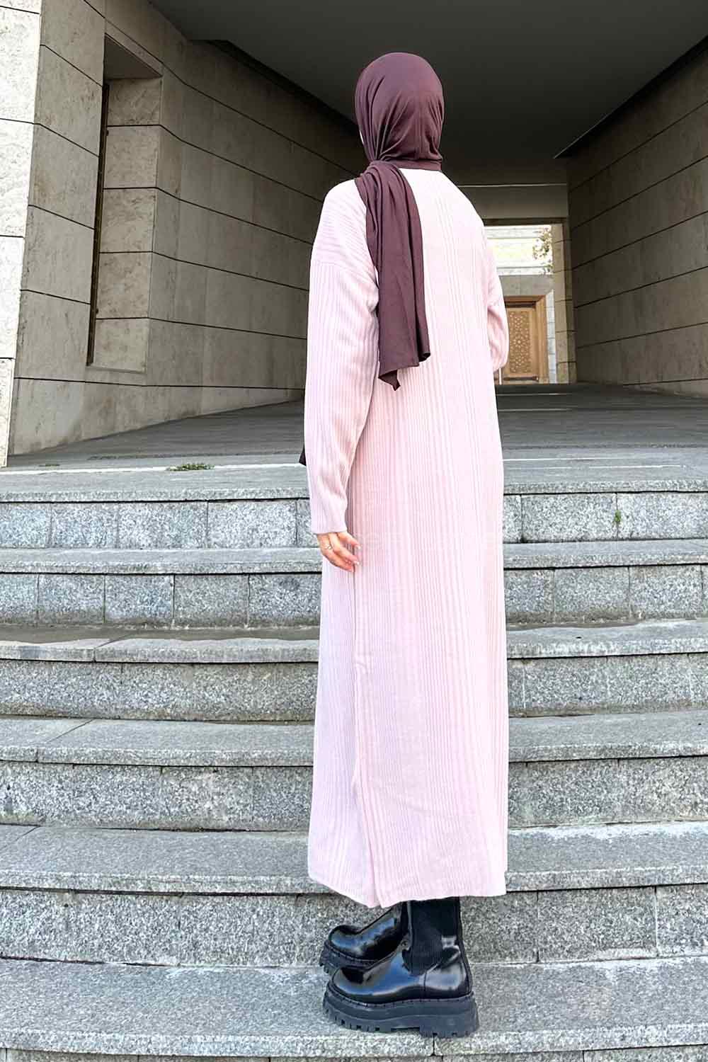 Lamelif Fitilli Triko Uzun Tesettür Elbise Pudra