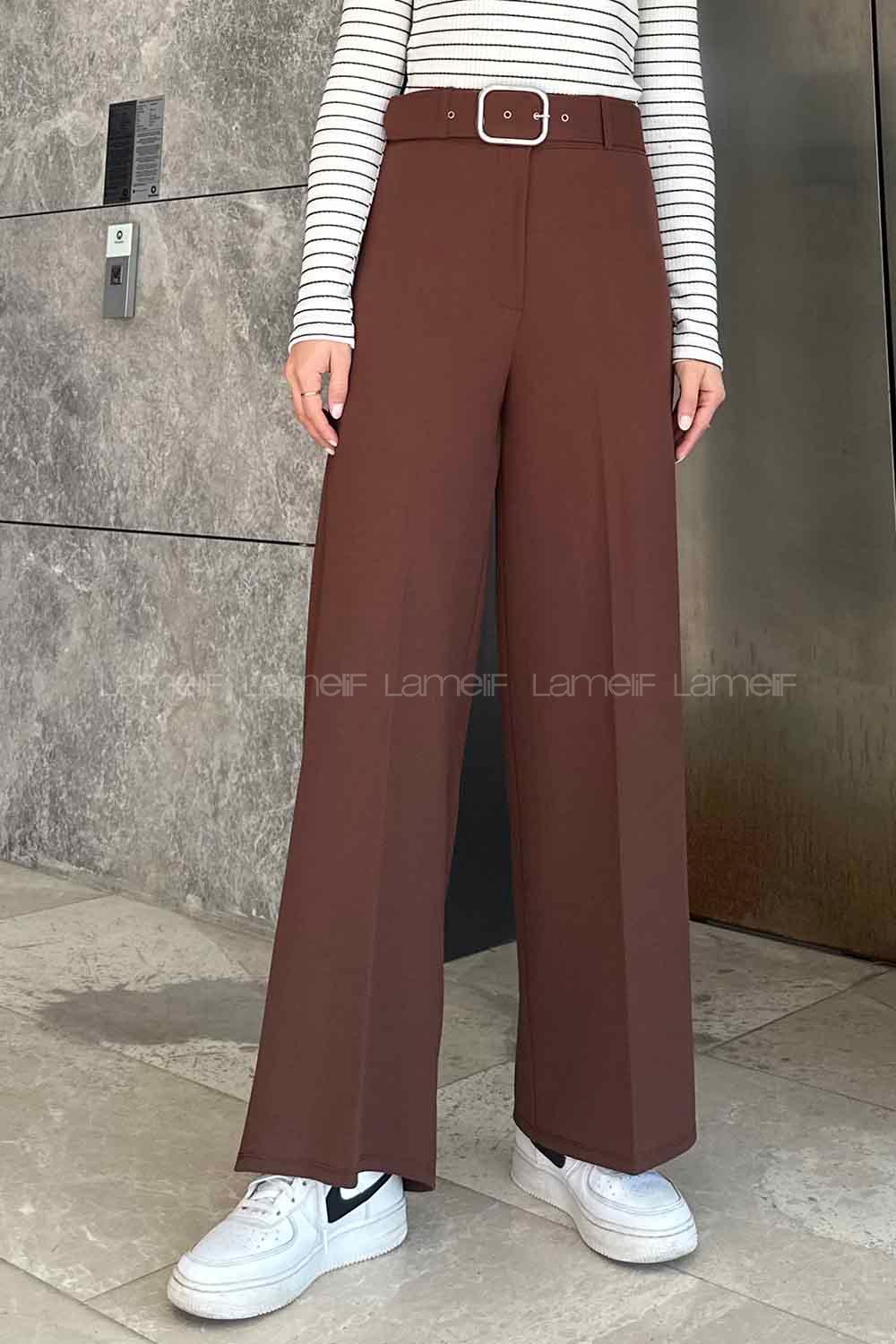 Lamelif Geniş Paça Kemerli Pantolon Acı Kahve