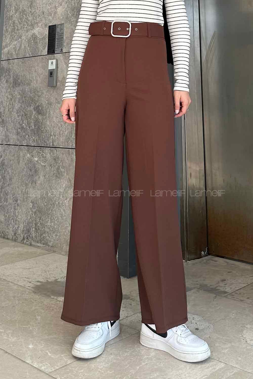 Lamelif Geniş Paça Kemerli Pantolon Acı Kahve