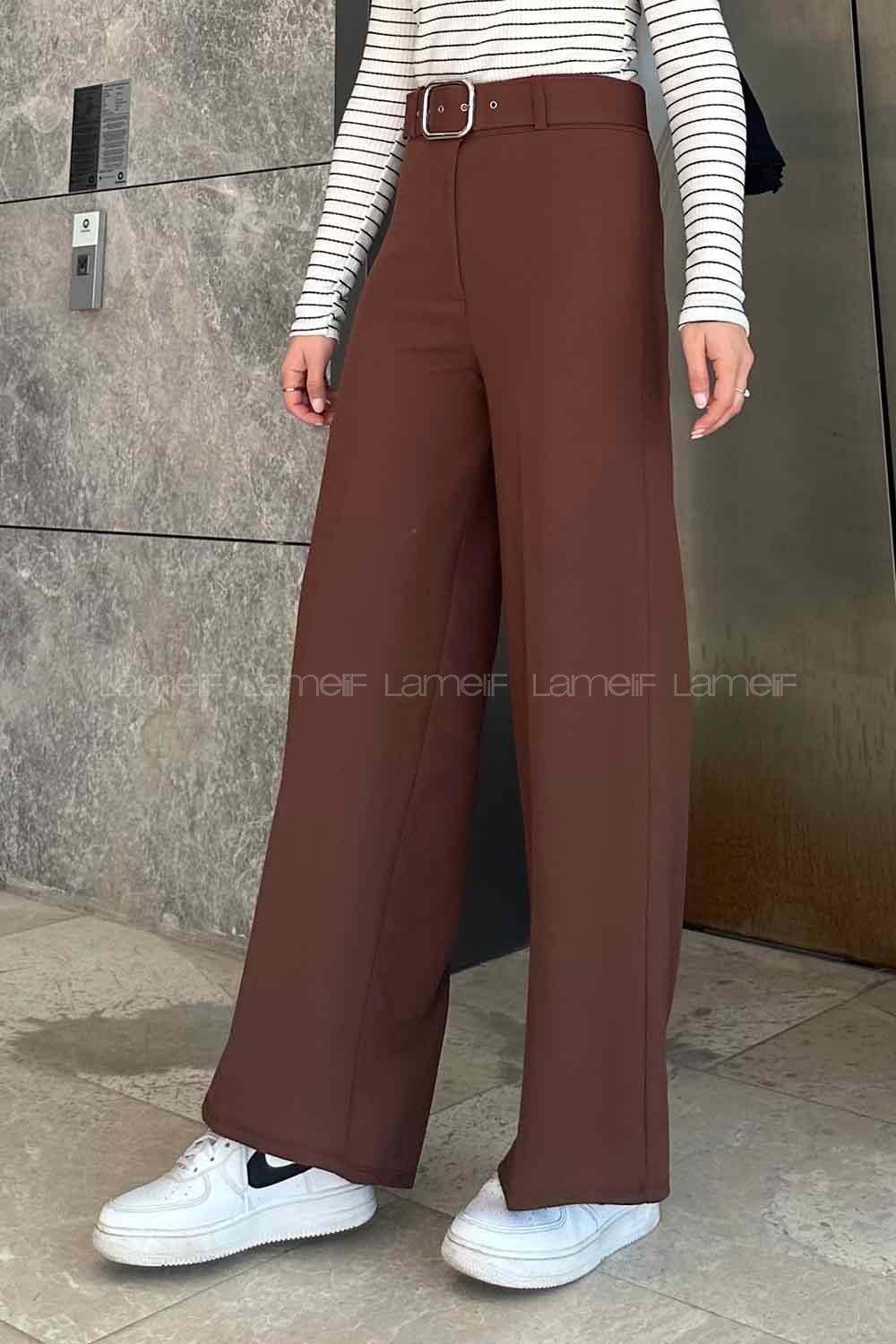 Lamelif Geniş Paça Kemerli Pantolon Acı Kahve