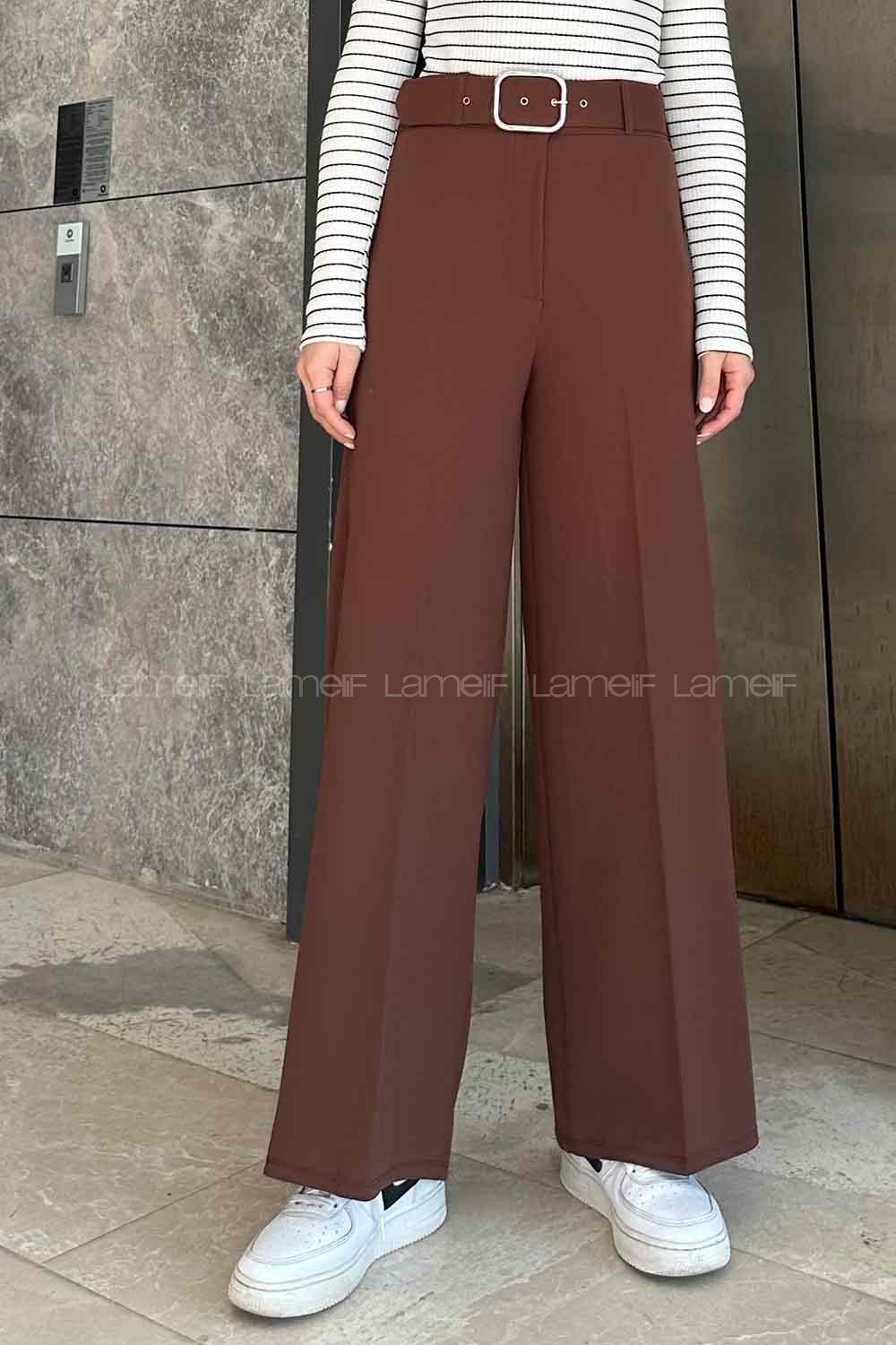 Lamelif Geniş Paça Kemerli Pantolon Acı Kahve