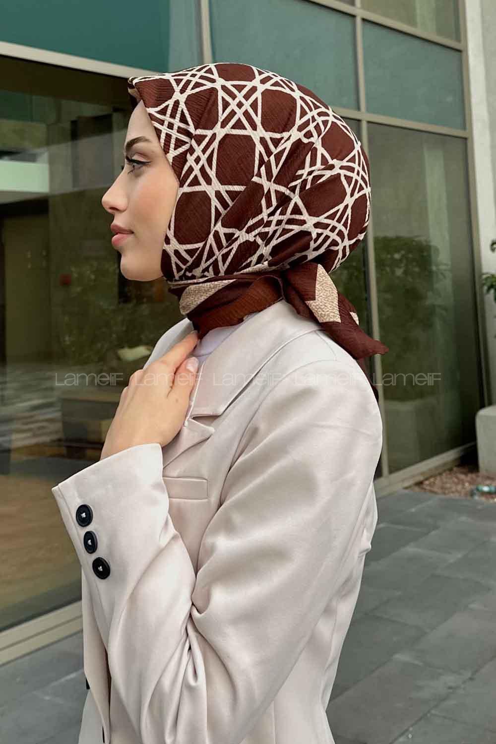 Lamelif Geometrik Desen Mio Caz Eşarp Kahverengi-Bej