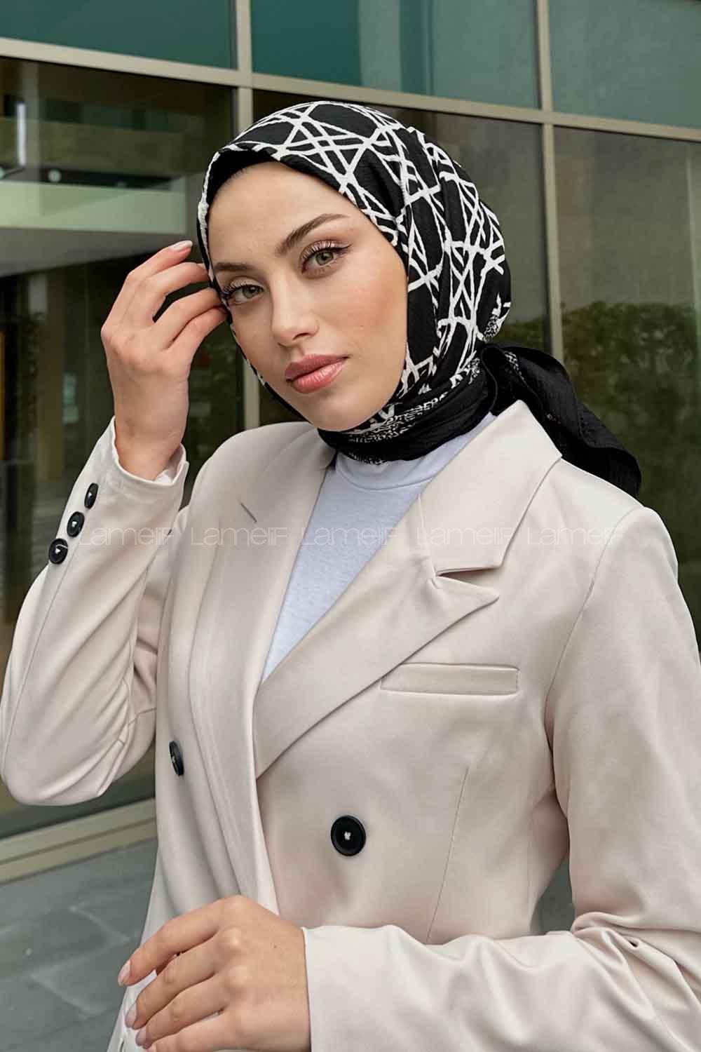 Lamelif Geometrik Desen Mio Caz Eşarp Siyah