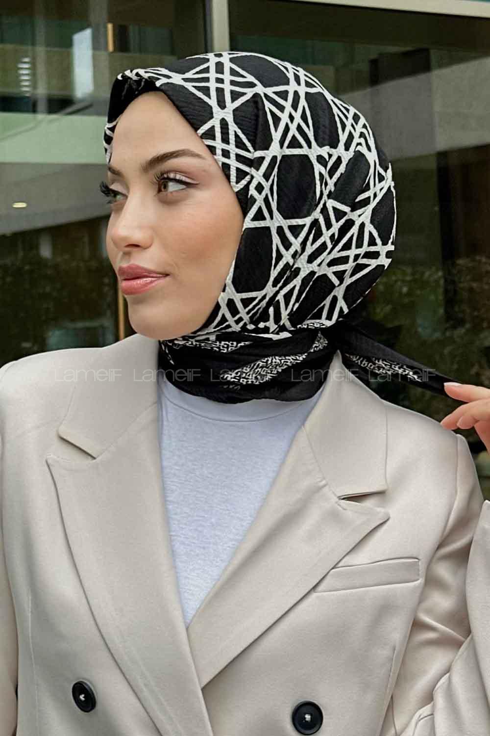 Lamelif Geometrik Desen Mio Caz Eşarp Siyah