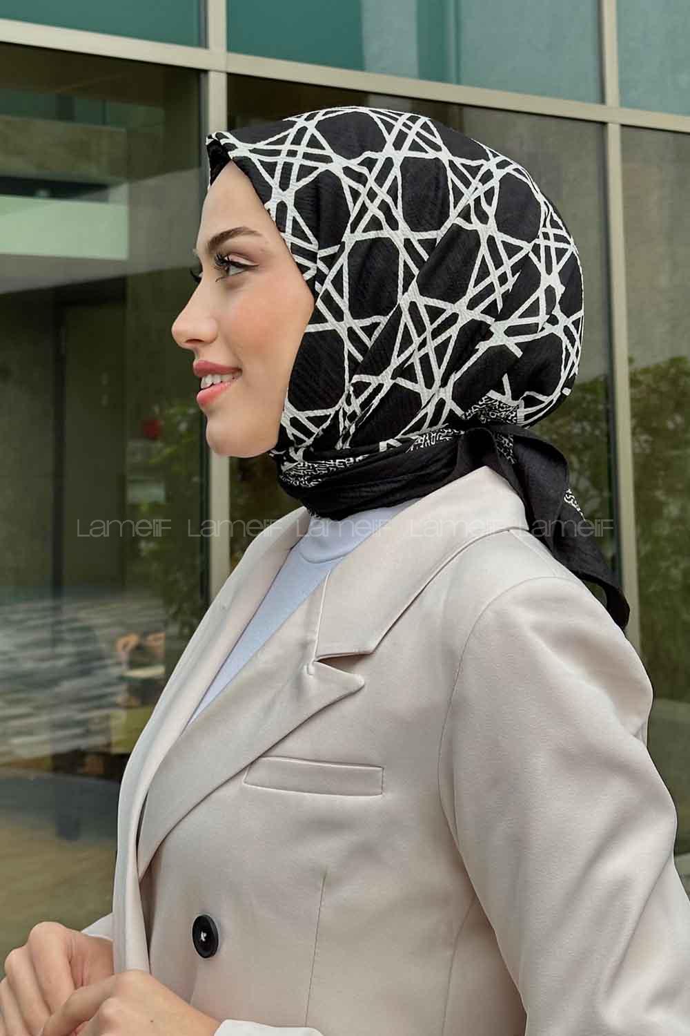 Lamelif Geometrik Desen Mio Caz Eşarp Siyah