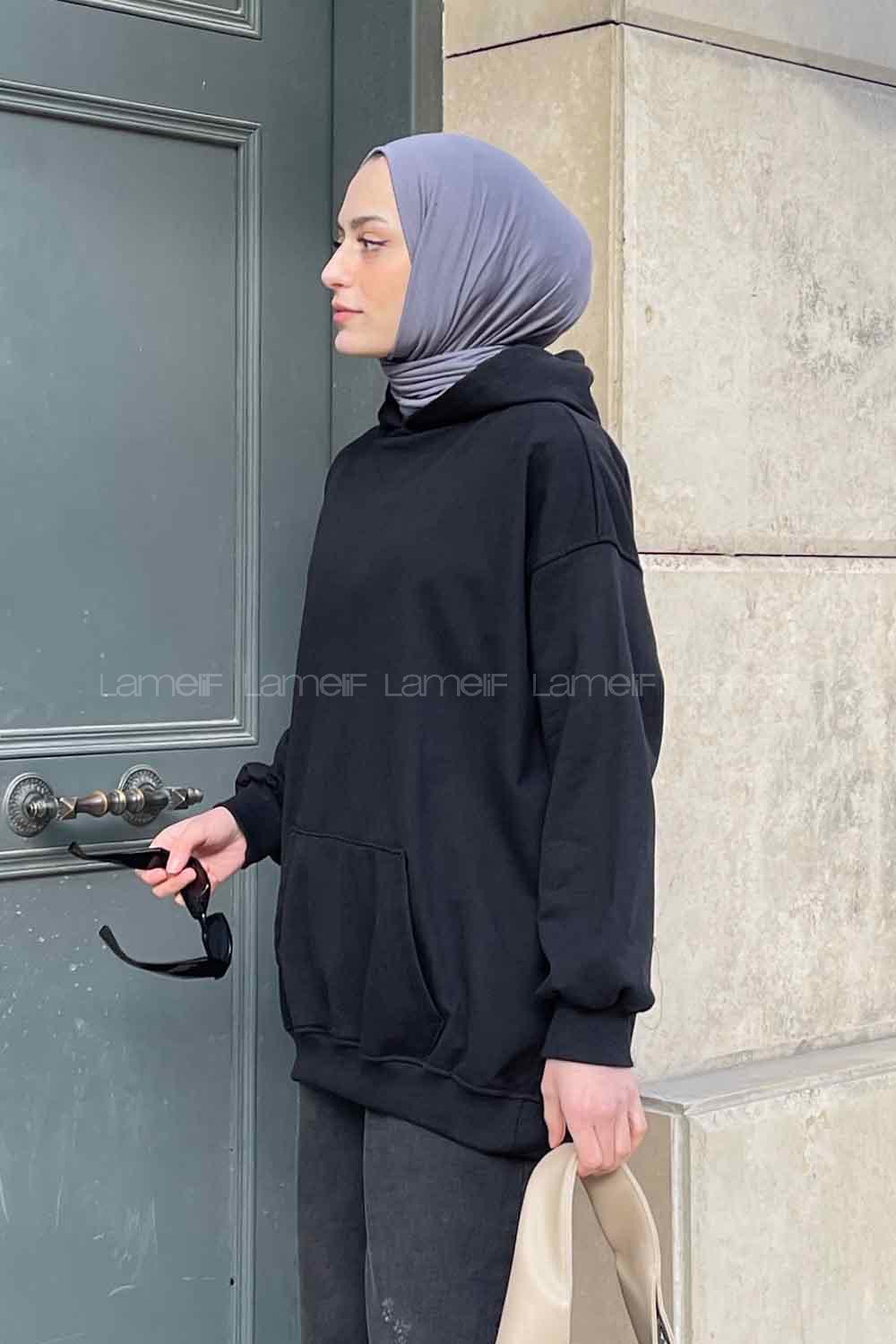 Lamelif Kapüşon Detaylı Kanguru Cep Sweatshirt Siyah