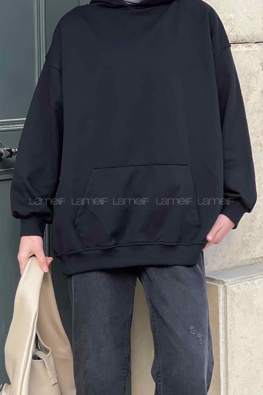 Lamelif Kapüşon Detaylı Kanguru Cep Sweatshirt Siyah