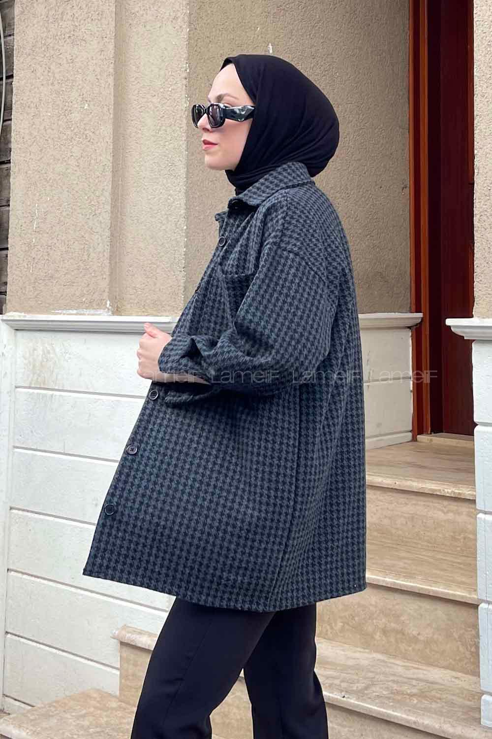 Anthracite Shirt Collar Sleeveless Arm Wool Printed Shirt