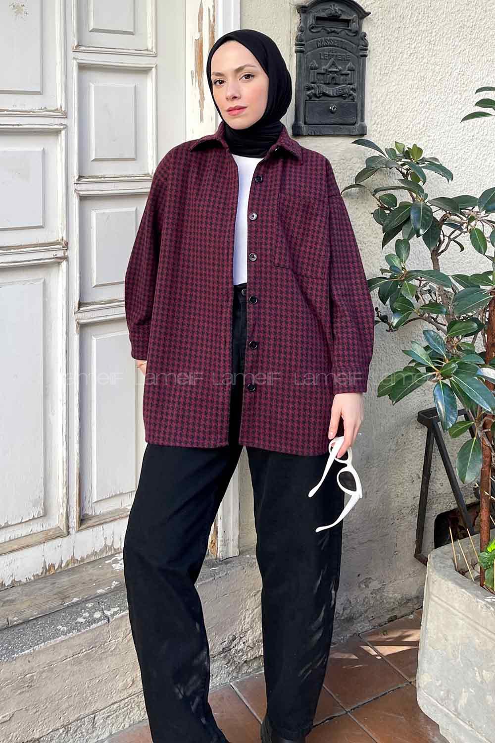 Modalamelif Kazayağı Desen Gömlek Bordo