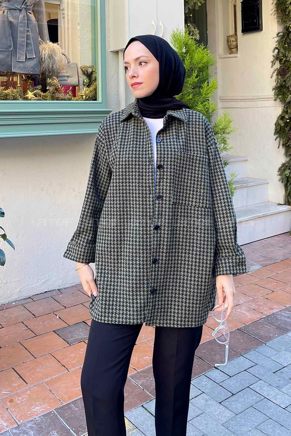 Lamelif Kazayağı Desen Gömlek Haki