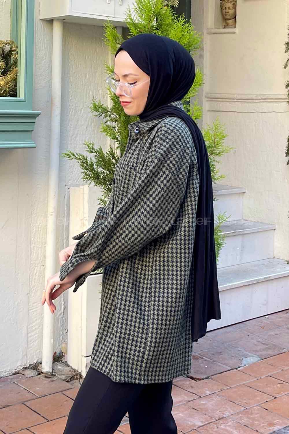 Lamelif Kazayağı Desen Gömlek Haki