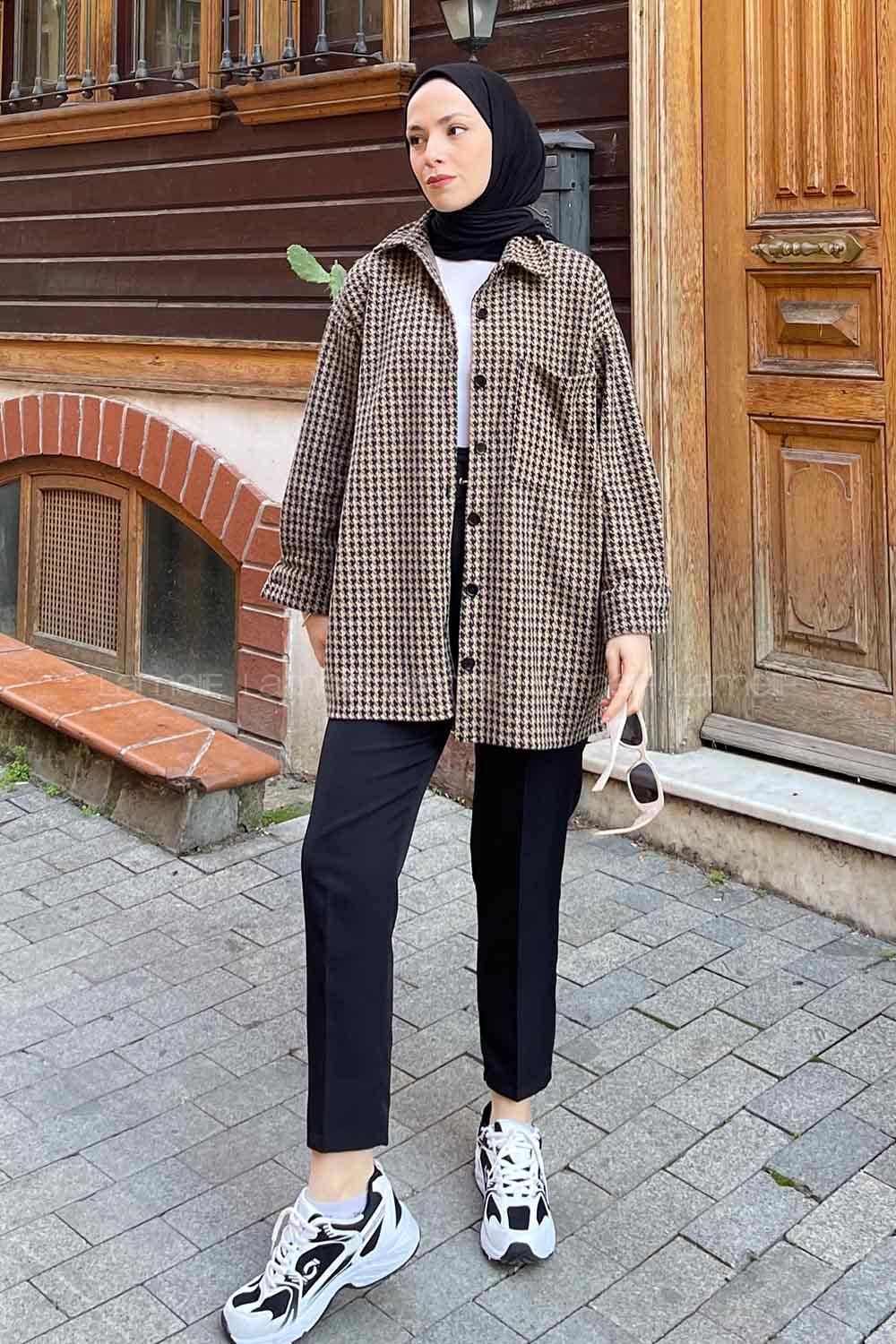 Modalamelif Kazayağı Desen Gömlek Sütlü Kahve