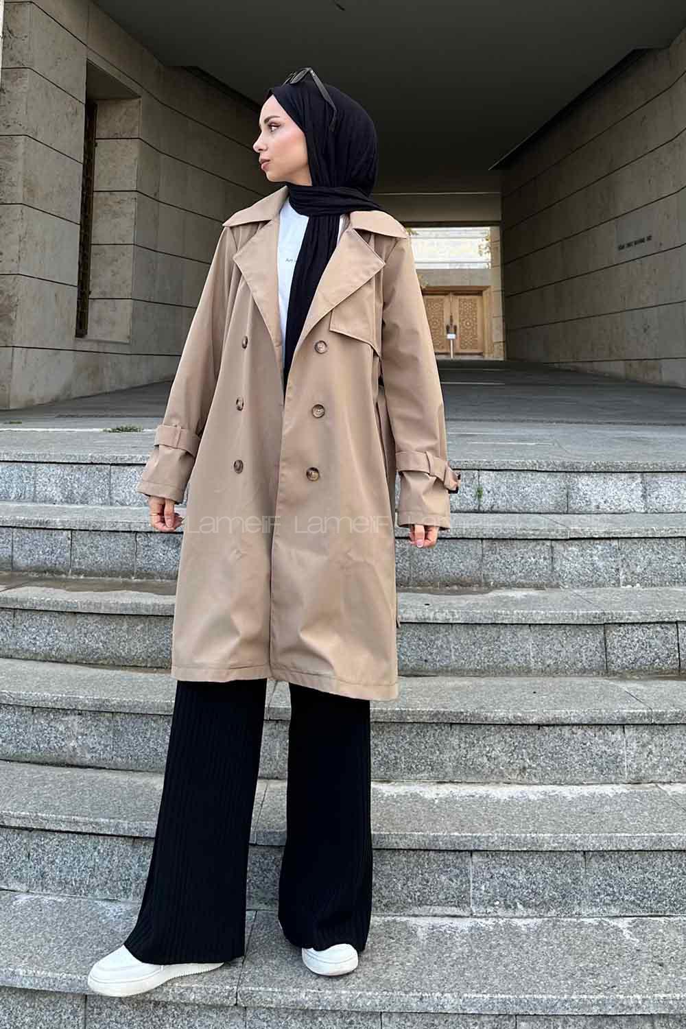 Dark Mink Long Arm Belted Cotton Trench Coat
