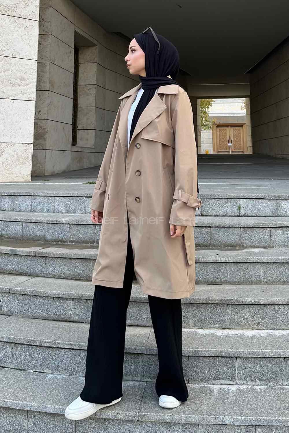 Dark Mink Long Arm Belted Cotton Trench Coat