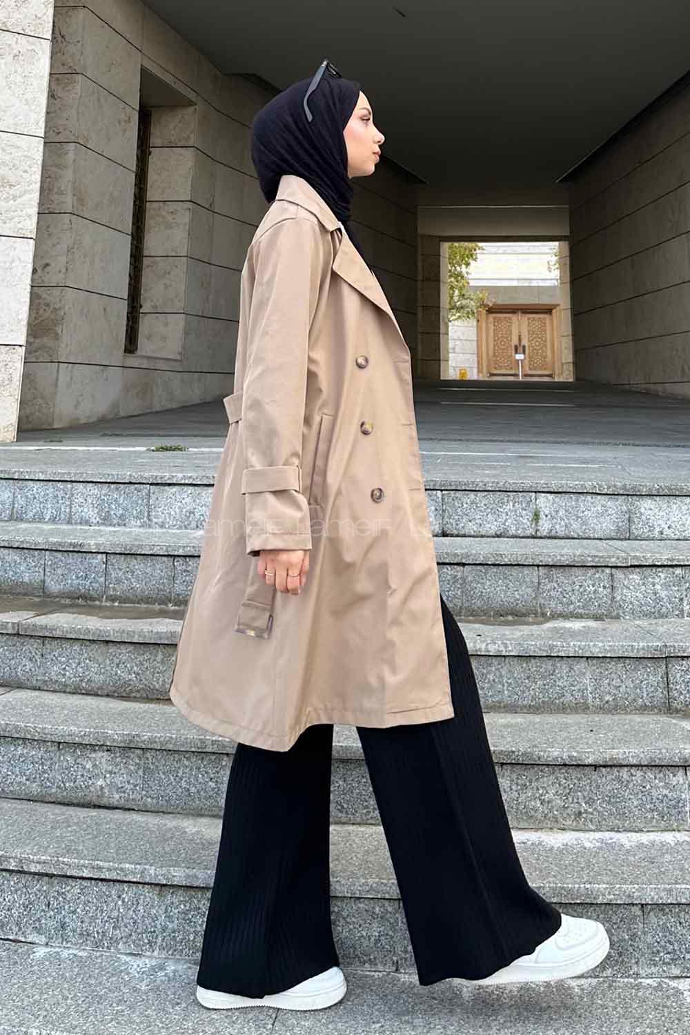 Dark Mink Long Arm Belted Cotton Trench Coat