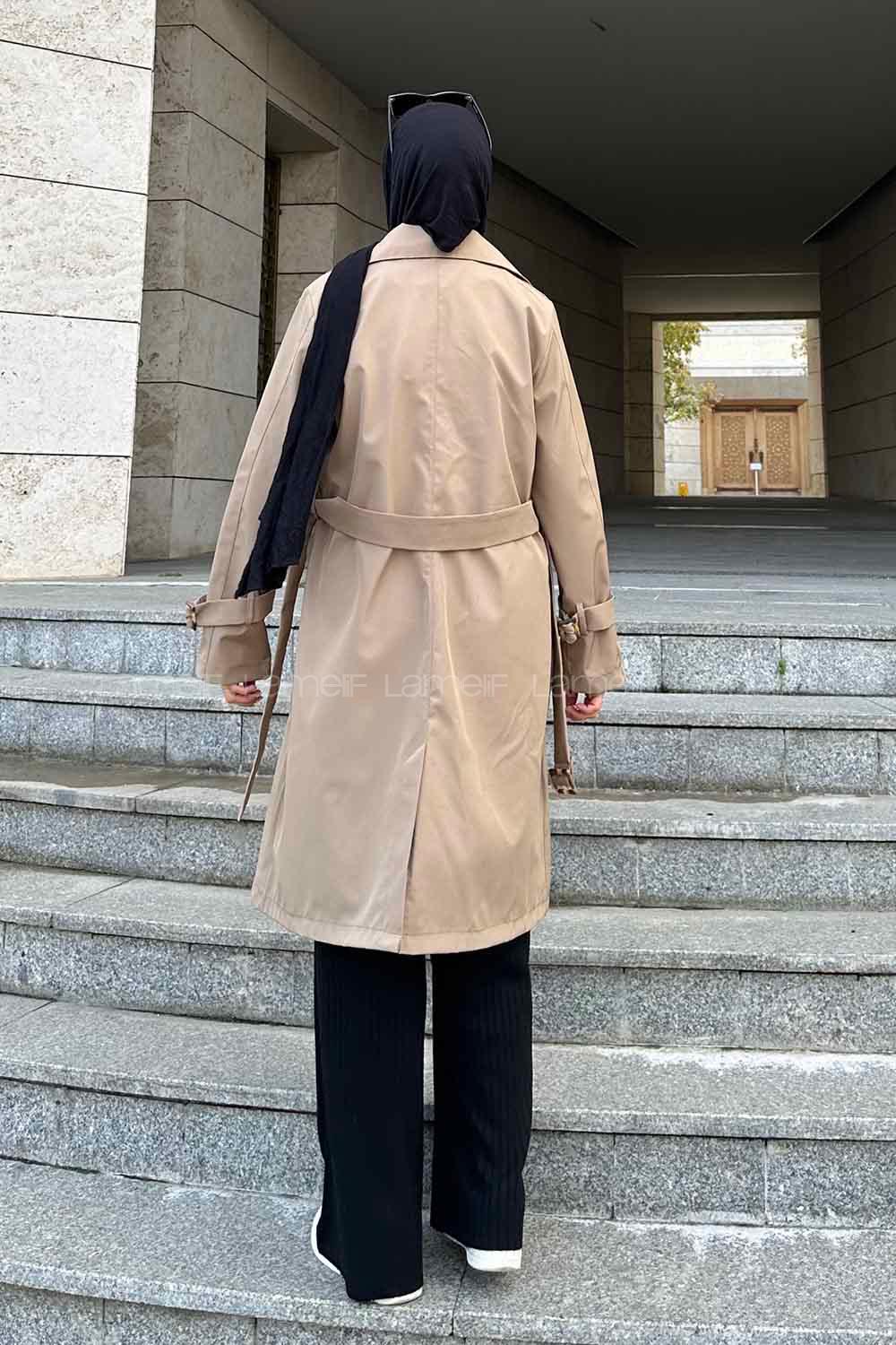 Dark Mink Long Arm Belted Cotton Trench Coat