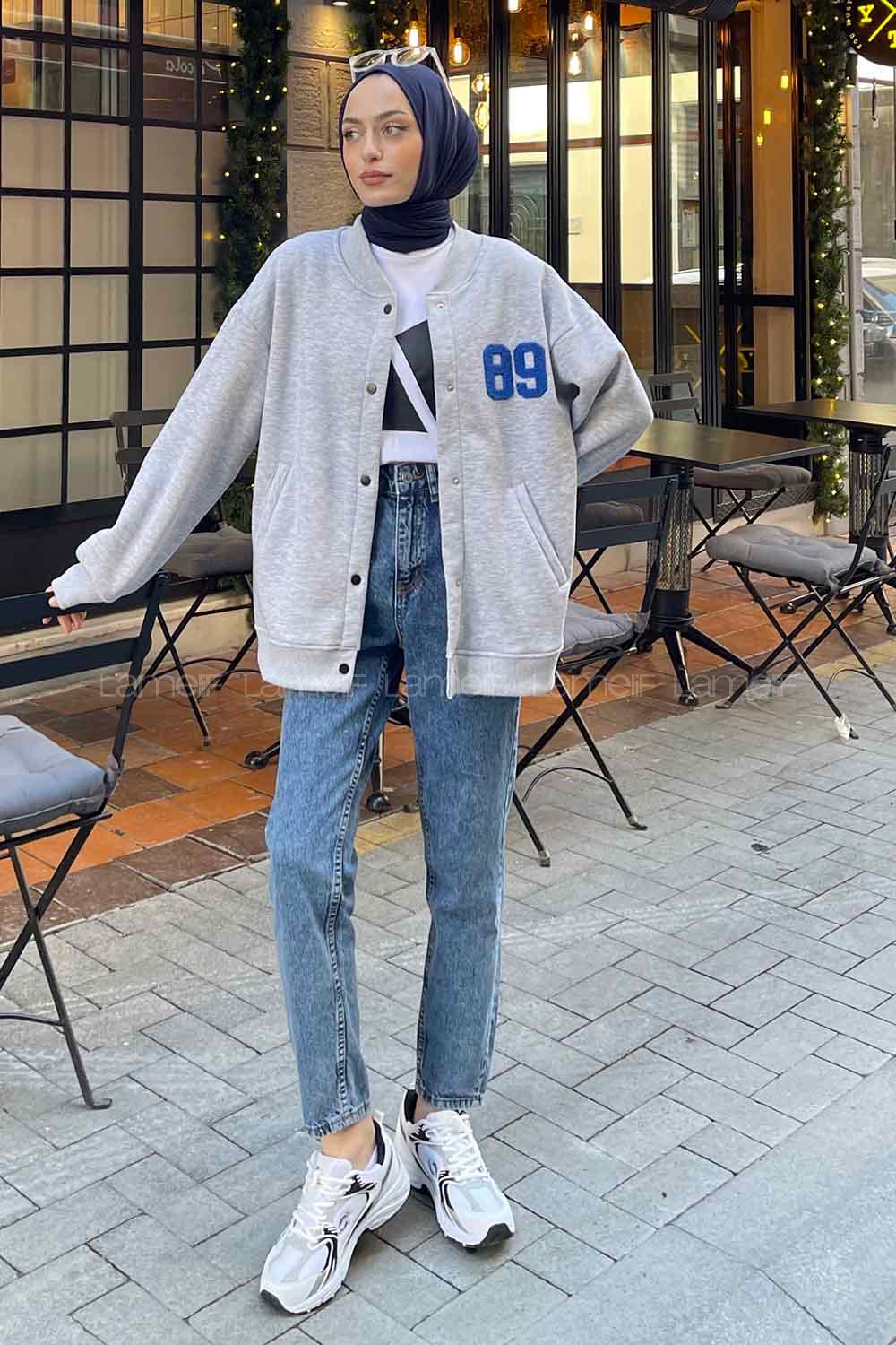 Gray Mandarin Collar Long Arm Cotton Fabric Jacket