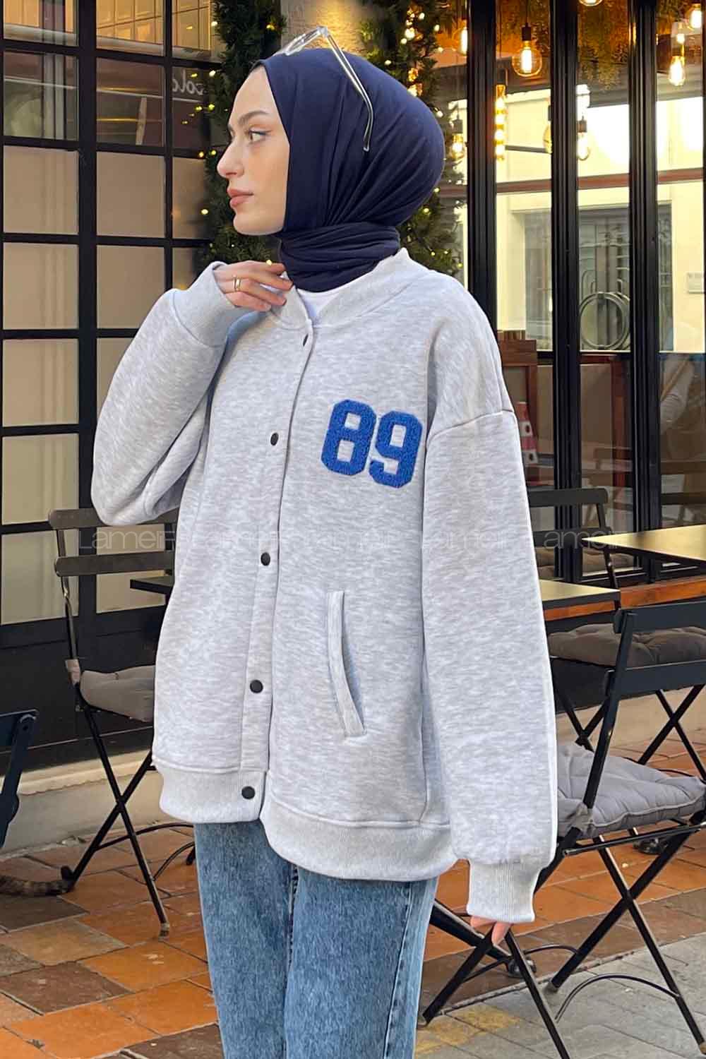 Gray Mandarin Collar Long Arm Cotton Fabric Jacket