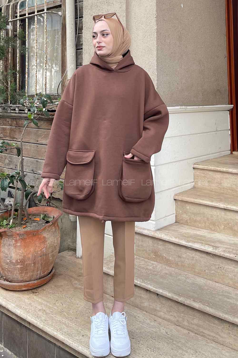 Lamelif Körük Cepli Sweatshirt Acı Kahve