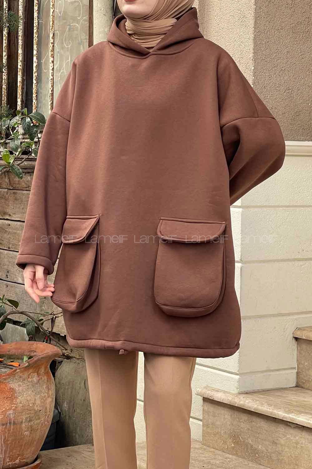 Lamelif Körük Cepli Sweatshirt Acı Kahve