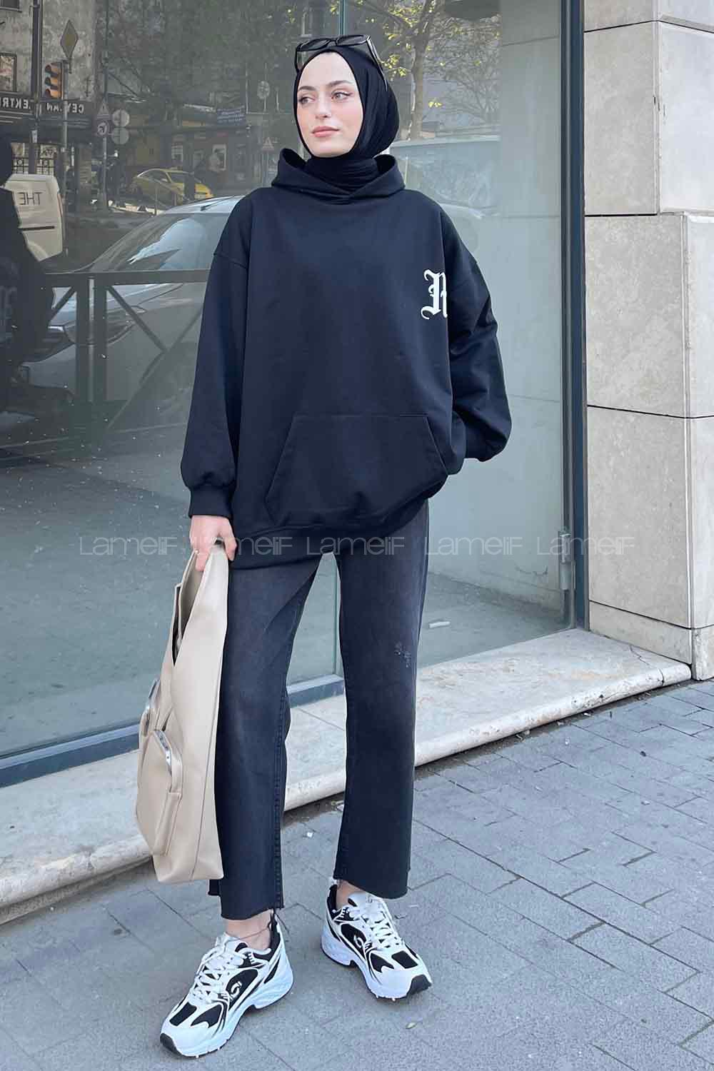 Black Hood Neck Long Arm Printed Sweatshirt